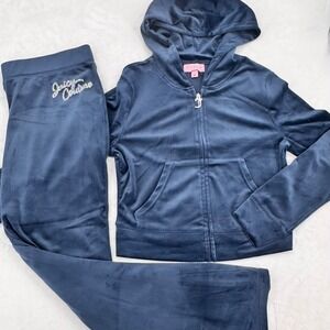 Juicy Couture Velour Tracksuit Set Regal Blue Jacket Pants Embellished Sz Medium